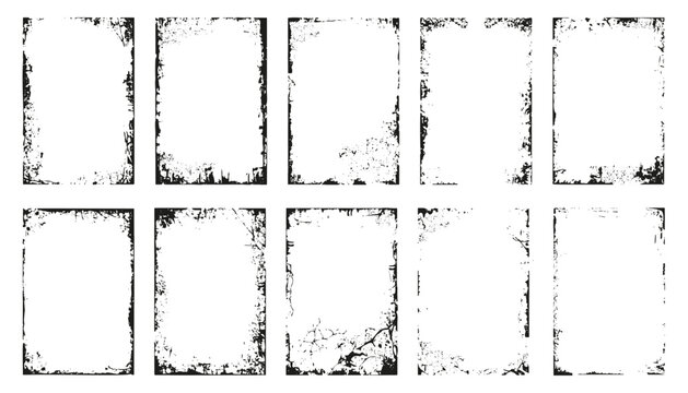 Collection of grunge distressed rectangle frames. Vintage borders with dirty, cracked textures for overlays, posters, or retro designs. Vector set on white background.