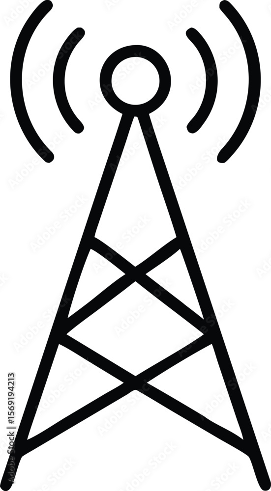 Poster simple black outline icon of a communication tower broadcasting signals on a white background