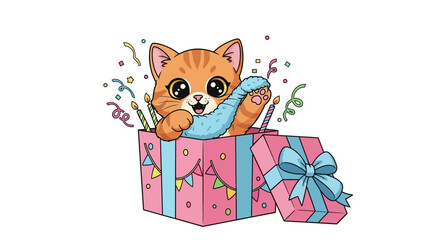 Obraz premium Cute Orange Kitten in Gift Box with Confetti