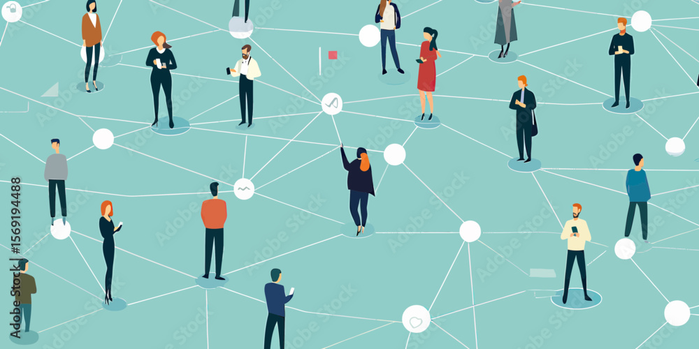Poster flat vector illustration of diverse group people connected by social network lines using mobile devi