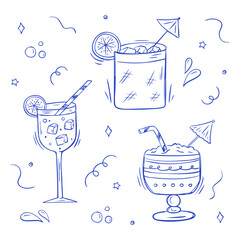 Set of summer cocktails isolated on white background in doodle style. Hand drawn collection of drinks and cocktails. Vector illustration