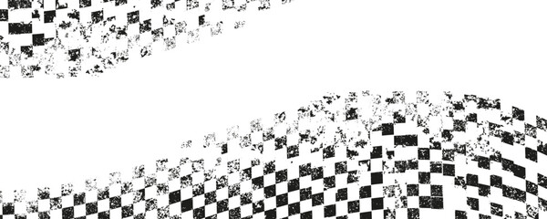 Grunge checkered flag background. Black abstract racing texture with dirty squares for motorsport or speed-related designs. Vector banner.