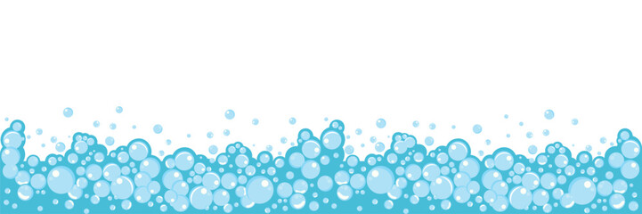 Bubble border with foam and soap bubbles. Blue clean water wave for hygiene, bath, or wash themed designs. Vector background illustration.