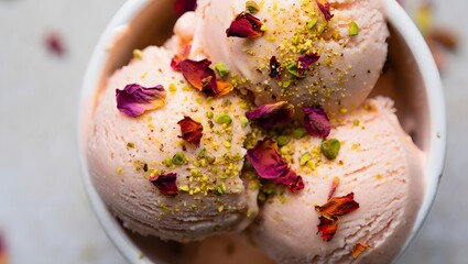 Delicate rose pistachio ice cream scoops garnished with edible flower petals and chopped nuts