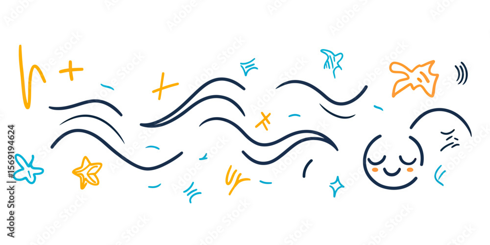 Poster hand drawn wavy lines with sparkling stars and cute sleeping face doodle vector illustration in mini