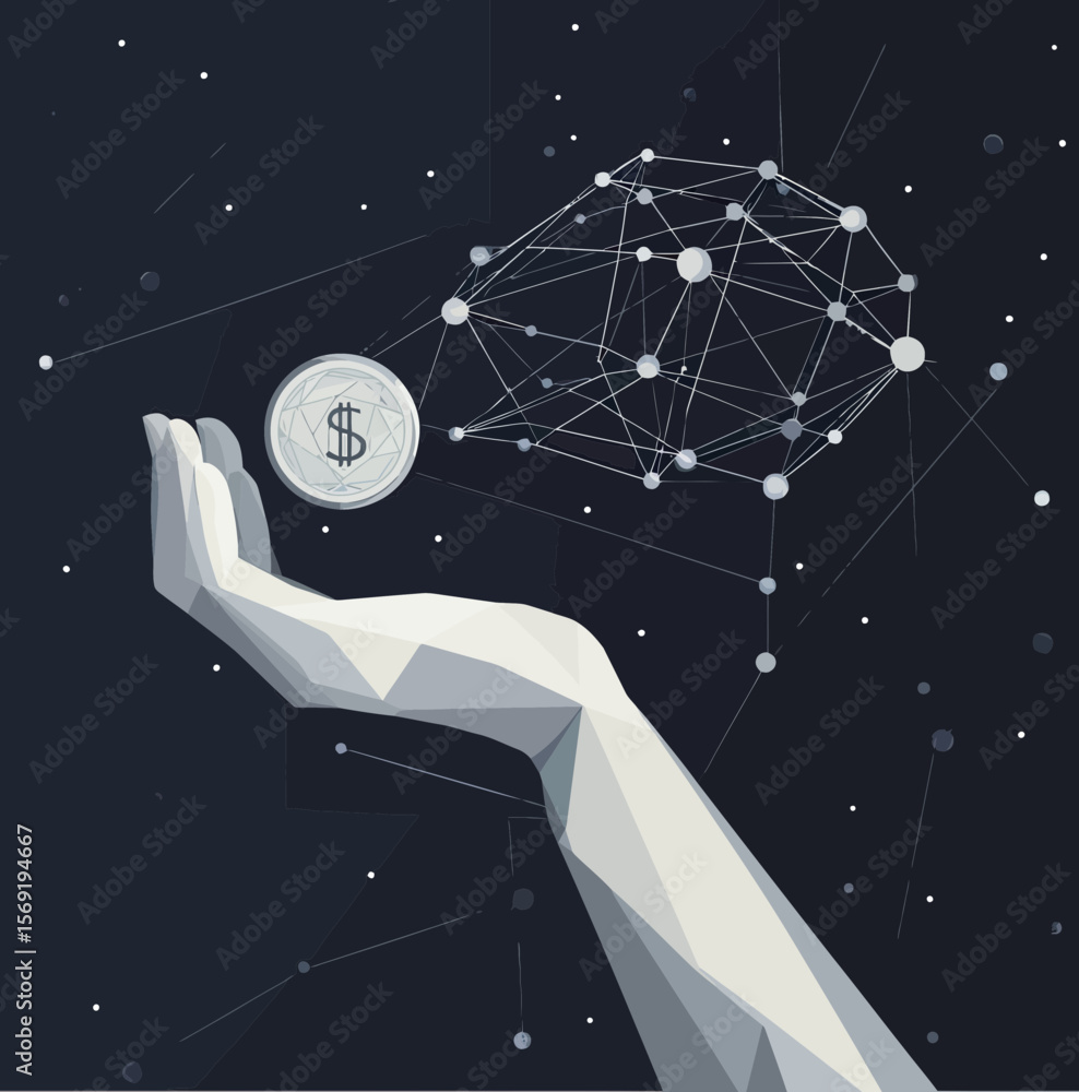 Poster polygonal low poly hand holding dollar coin connected to abstract digital network brain with nodes a