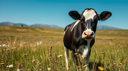 Black and white cow grazing in a serene pastoral landscape, peaceful countryside.