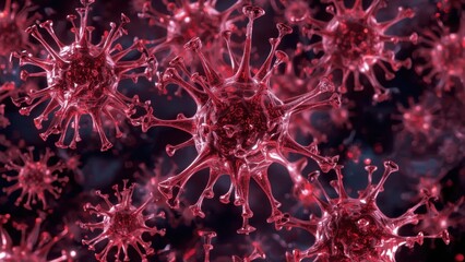 Unique texture of red virus particles floating in dark background, detailed microscopic view for medical, science, healthcare, pandemic concepts, biotechnology, and research themes, digital 3D illust