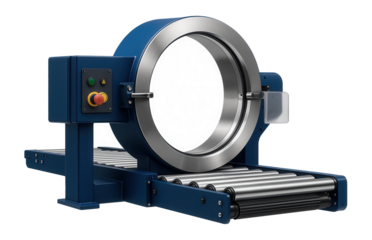 Horizontal stretch wrapper with a conveyor feed and adjustable ring size for cylindrical items in a textile factory