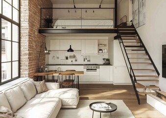 Industrial loft apartment interior design with mezzanine