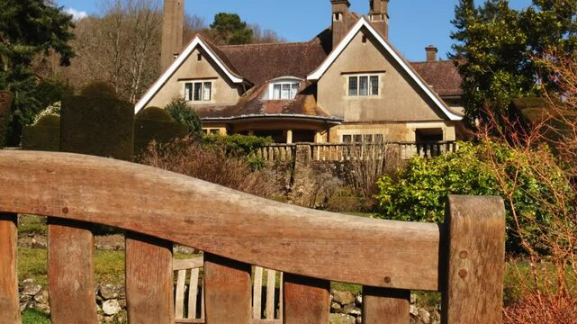 Wide shot of stunning garden belonging to the beautiful Fintry Mansion in Surrey Hills.