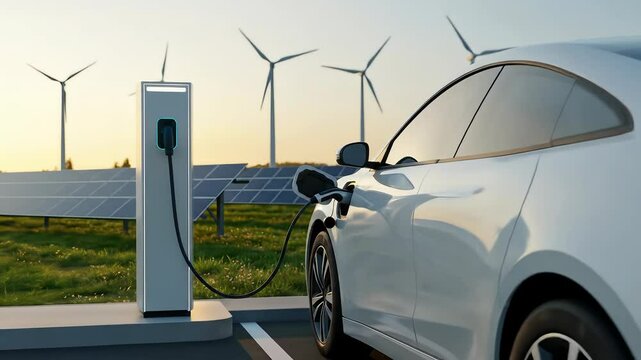 Eco-friendly electric car charging at a modern station, with wind turbines and solar panels in the background. Clean energy concept symbolizing sustainability and green technology
