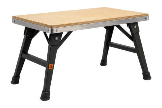 Portable workbench with collapsible legs and a plywood top for on-site construction tasks