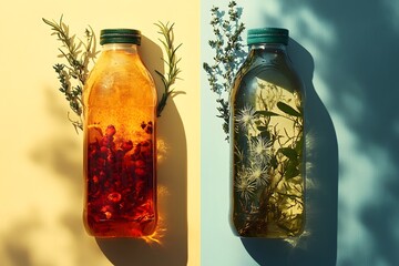 Aesthetic studio photography of herbal infusions in glass bottles with bright color palettes