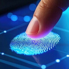 Finger Touching Glowing Fingerprint on Digital Screen – Macro Biometric Authentication in Neon Light