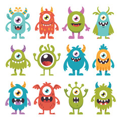 Halloween monsters characters vector set design. Halloween cute colorful monster character in happy, joyful, fun, cheerful facial expressions and horror emoticon in white isolated background. Vector