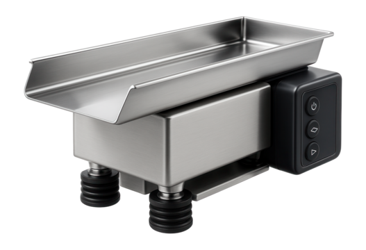 High-frequency vibratory feeder with a compact footprint for rapid material flow in a packaging facility