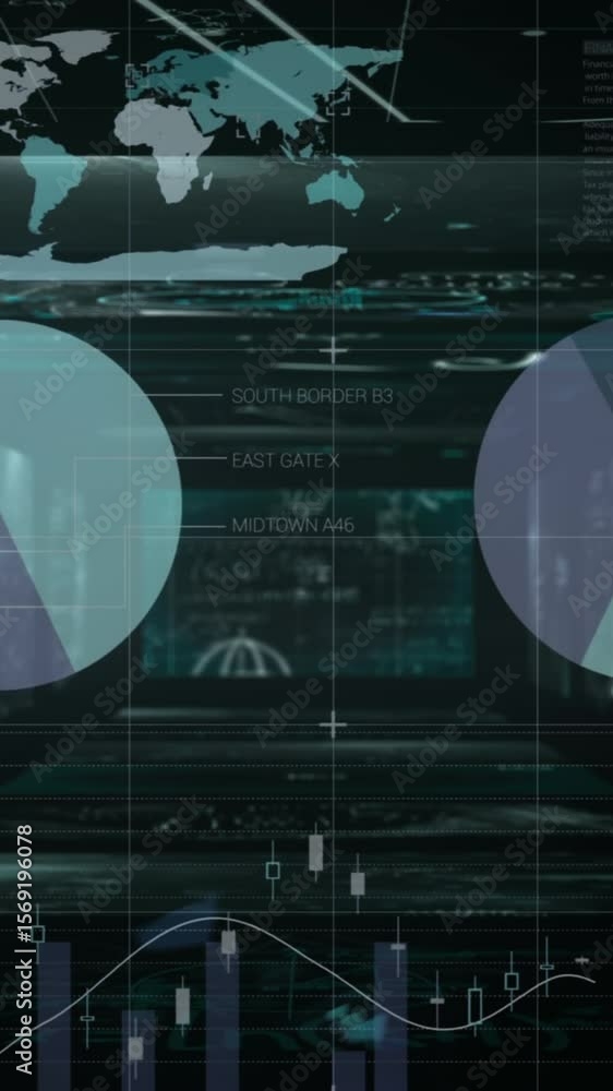 Poster animation of scientists screens and graphs on blue background