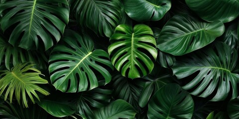 Naklejka premium Lush Monstera Leaves in a Dense Layout, Showcasing Vibrant Green Foliage for Tropical Aesthetic