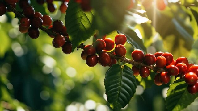 Coffee Cherries on the Branch: Vibrant red coffee cherries ripen on a branch, bathed in the golden light of the sun, showcasing the freshness of the harvest and the promise of a rich, aromatic brew.