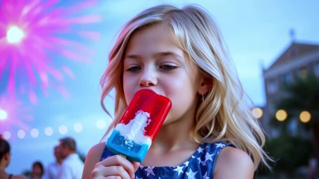 Young girl enjoying popsicle during summer fireworks celebration  