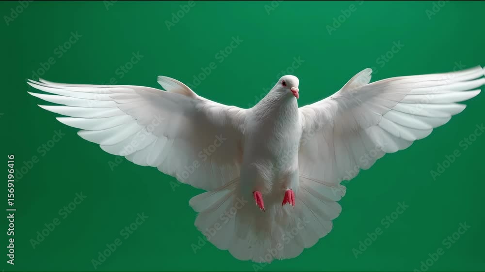 Poster white dove is flapping its wings while flying on a solid green screen background that can be easily 