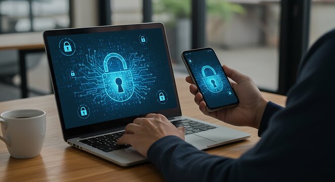 Cyber security on devices person using laptop and mobile phone - Powered by Adobe