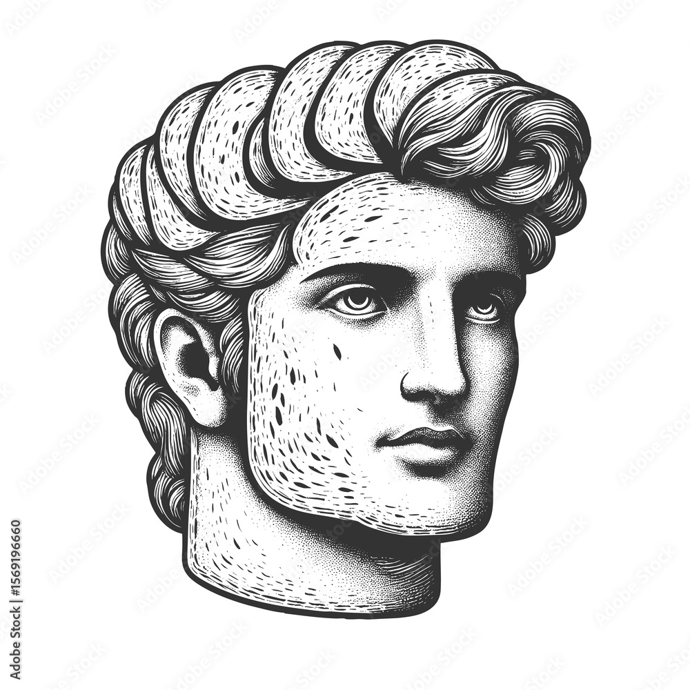 Poster man head and face made entirely of sliced bread pieces sketch engraving generative ai fictional char