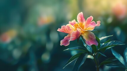 Vibrant peach and pink peony flower in a garden setting.