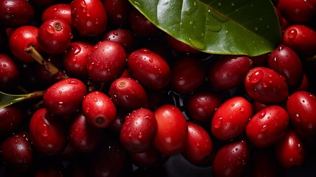 Coffee Cherries Close Up: Juicy red coffee cherries glisten with morning dew, nestled amongst vibrant green leaves. A captivating close-up showcasing the raw beauty of coffee beans before processing.