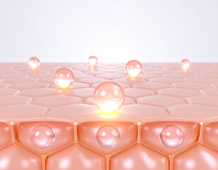 Close-up of skin cells with spheres of liquid, possibly representing hydration or skincare.