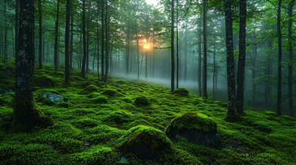 Obraz premium Misty sunrise in a lush green forest with moss-covered rocks.