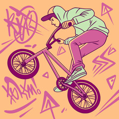 Fototapeta premium BMX Bike Mid-Air with Neon Graffiti Background – Extreme Urban Sports Action, 80s Retro Vibe Art, Adrenaline Street Stunt, Cyberpunk Bike Illustration, Dynamic Motion Poster