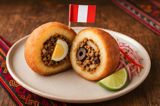 Papa rellena with salad. Traditional Peruvian dish of stuffed potatoes. Delicious food, Peru