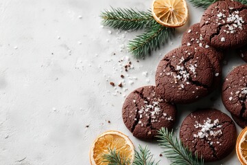 scattered chocolate christmas cookies with sea salt and cracked texture on a white marble surface