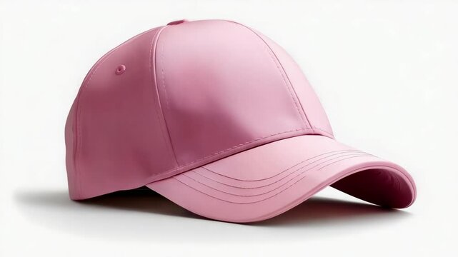 A pink baseball cap laying on a white background.