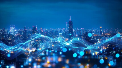 Obraz premium Smart City Networking Data Connectivity and Communication Infrastructure in Urban Nightscape