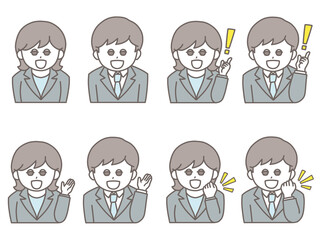 笑顔のスーツ男女 いろいろなポーズの上半身イラスト