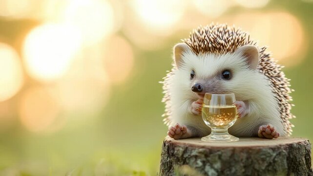 Adorable hedgehog enjoying a drink on a sunny day in nature