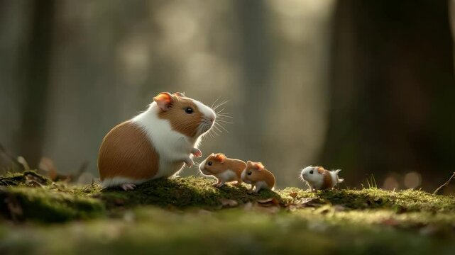 Cute guinea pigs family in a forest