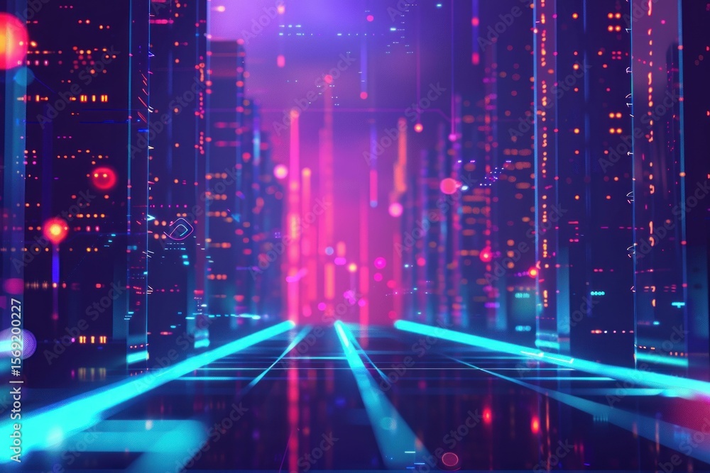 Poster data flows through glowing lines in server room, creating a vibrant, futuristic cityscape