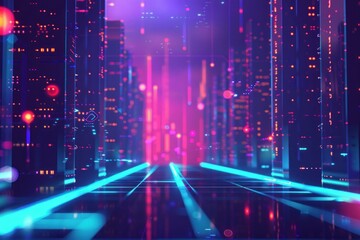 Data flows through glowing lines in server room, creating a vibrant, futuristic cityscape