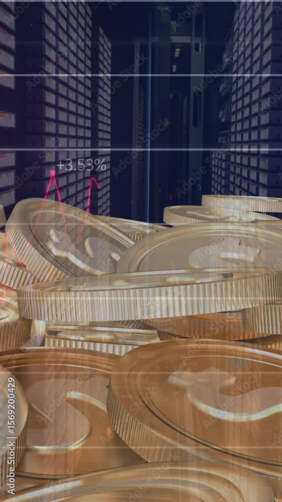 Aufkleber animation of coins with nft and graphs over servers