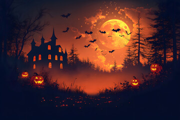 Halloween mockup with a blank greeting card, pumpkins, bats, and candy on white background.