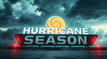 A warning sign for hurricane season against a backdrop of a stormy sky.