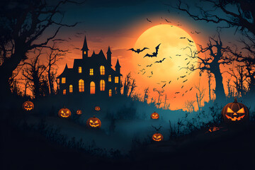 Halloween mockup with a blank greeting card, pumpkins, bats, and candy on white background.