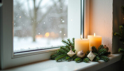 Candles on a windowsill with pine branches. Snow falls outside, creating a cozy winter atmosphere. Soft light from candles illuminates the scene.