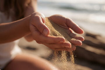 A young Caucasian woman with long brown hair holds sand in her hands at the beach. The ocean waves are visible in the background, creating a serene atmosphere.