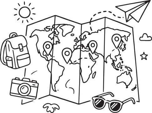 Playful travel doodles in line art or flat vector style featuring World Tourism Day, wanderlust, and vacation themes