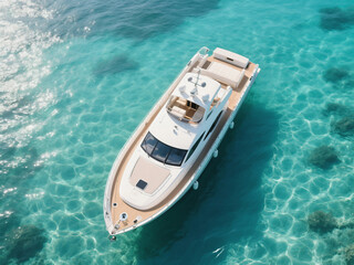 Obraz premium A stunning 8K aerial view of a luxury yacht floating over crystal clear turquoise waters with visible sunlit ripple patterns, showcasing freedom, luxury, and tropical vacation vibes